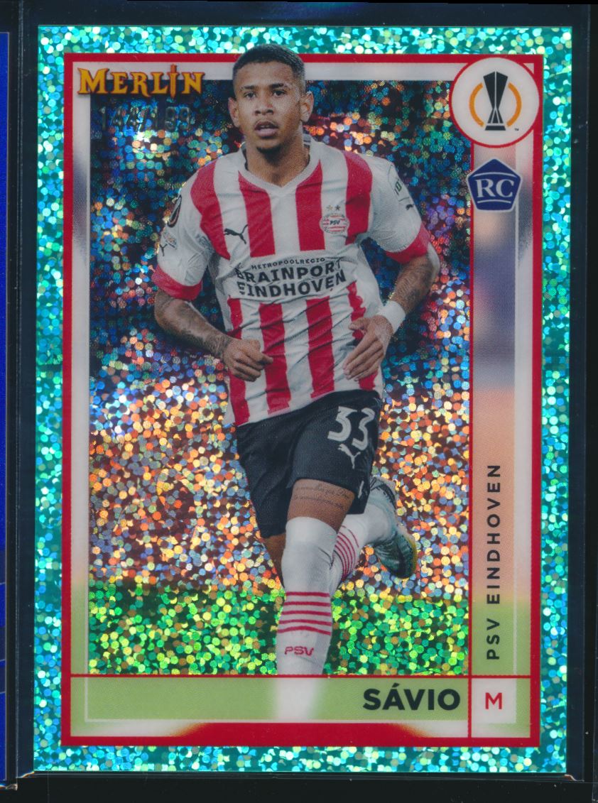 2023 Topps Merlin Savio UCL RC Aqua Disco Prizm /199 Eindhoven #109 city rookie