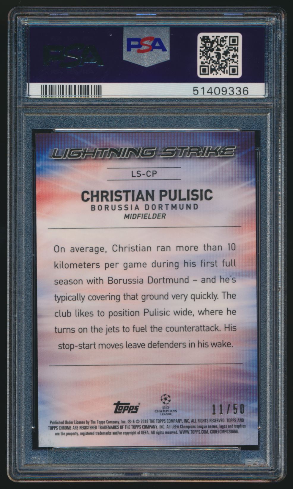 CHRISTIAN PULISIC 2017 TOPPS CHROME LIGHTNING STRIKE GOLD REFRACTR RC /50 PSA 9