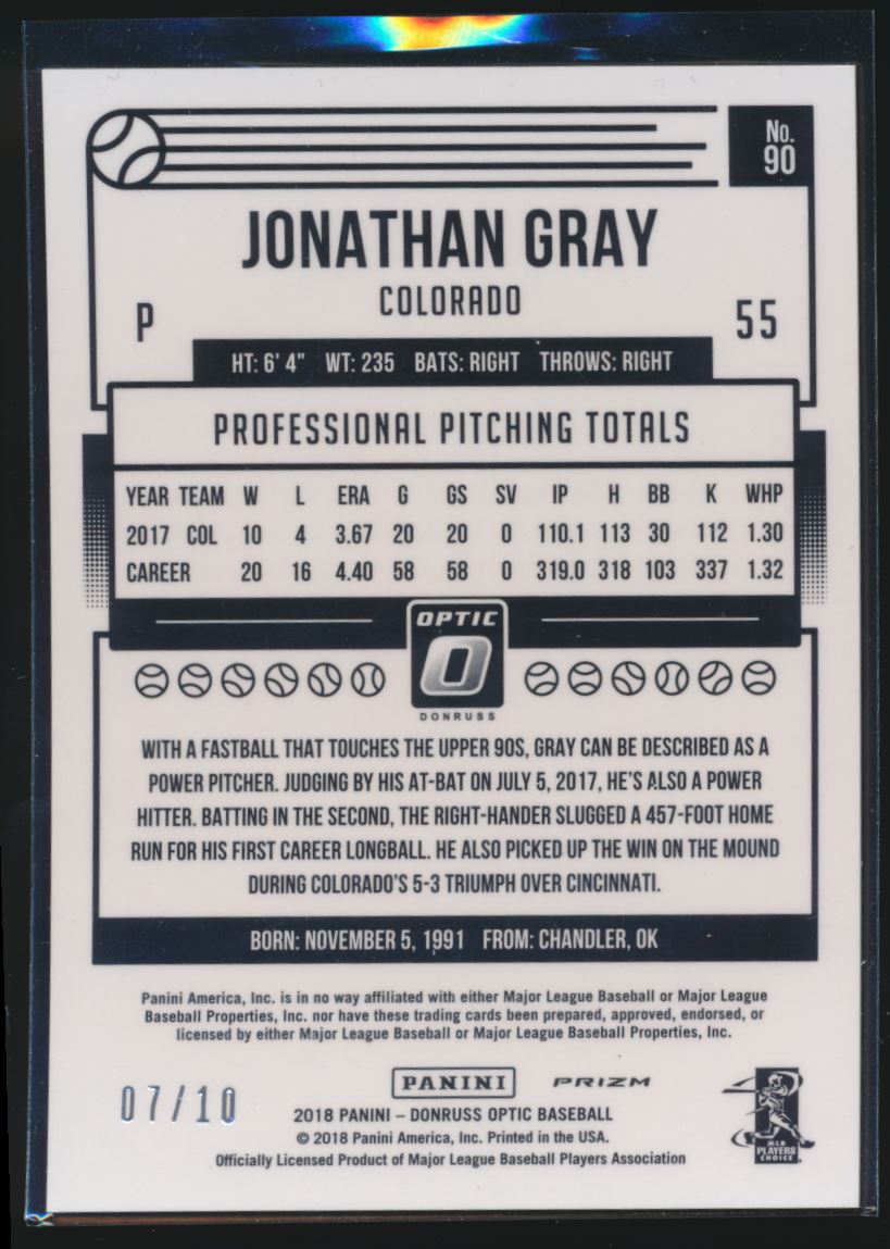 2018 Panini Donruss Optic Gold holo ref Prizm 07/10 Jon Gray Jonathan Gray #90