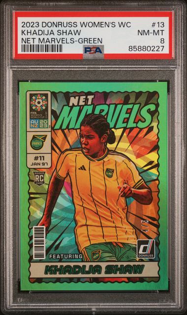 2023 Donruss FIFA Women's World Cup Net Marvels Gold Khadija Shaw /5 #13 PSA 8