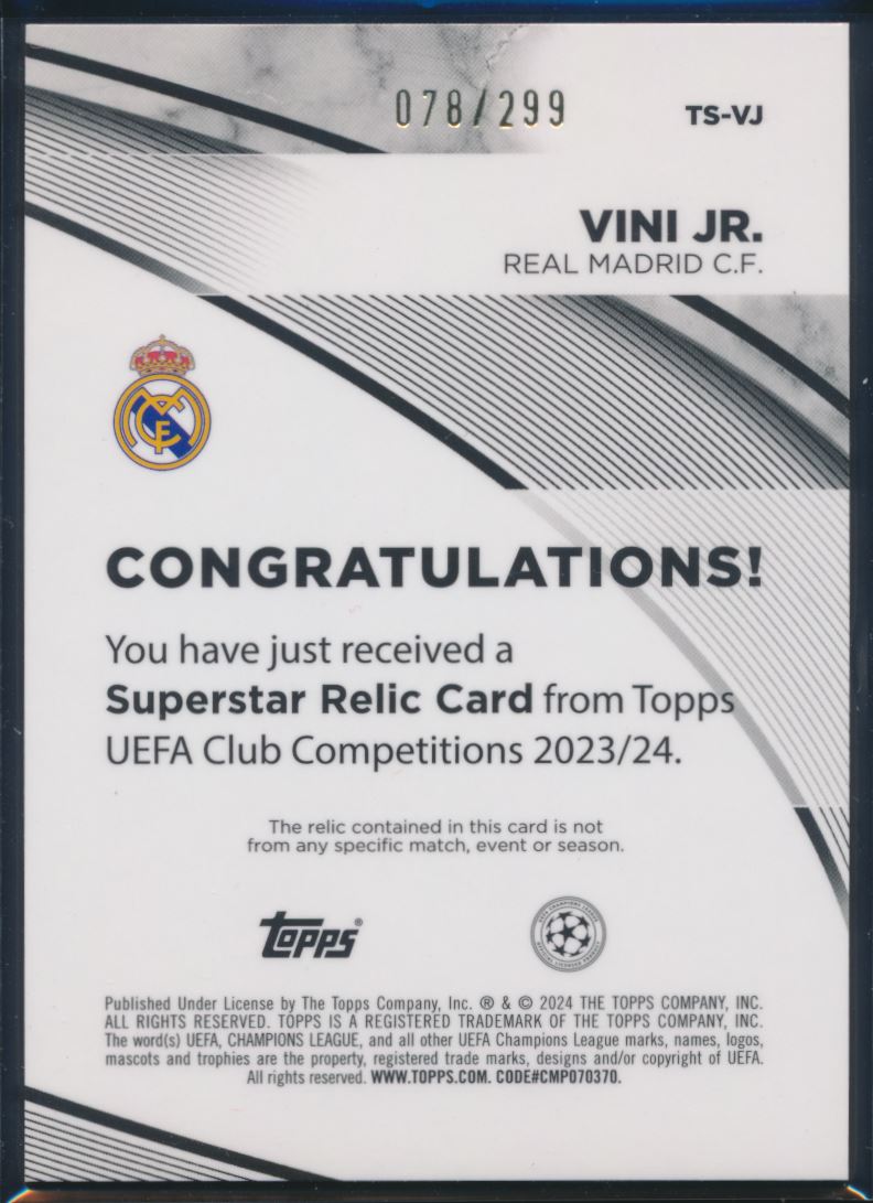 2023-24 Topps UEFA Competitions VINI JR Match Worn Patch Purple /299 Brazil TS-VJ