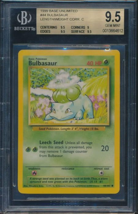 1999 Pokemon BASE SET UNLIMITED - Bulbasaur #44 BGS Gem Mint 9.5 Length Weight Corr c