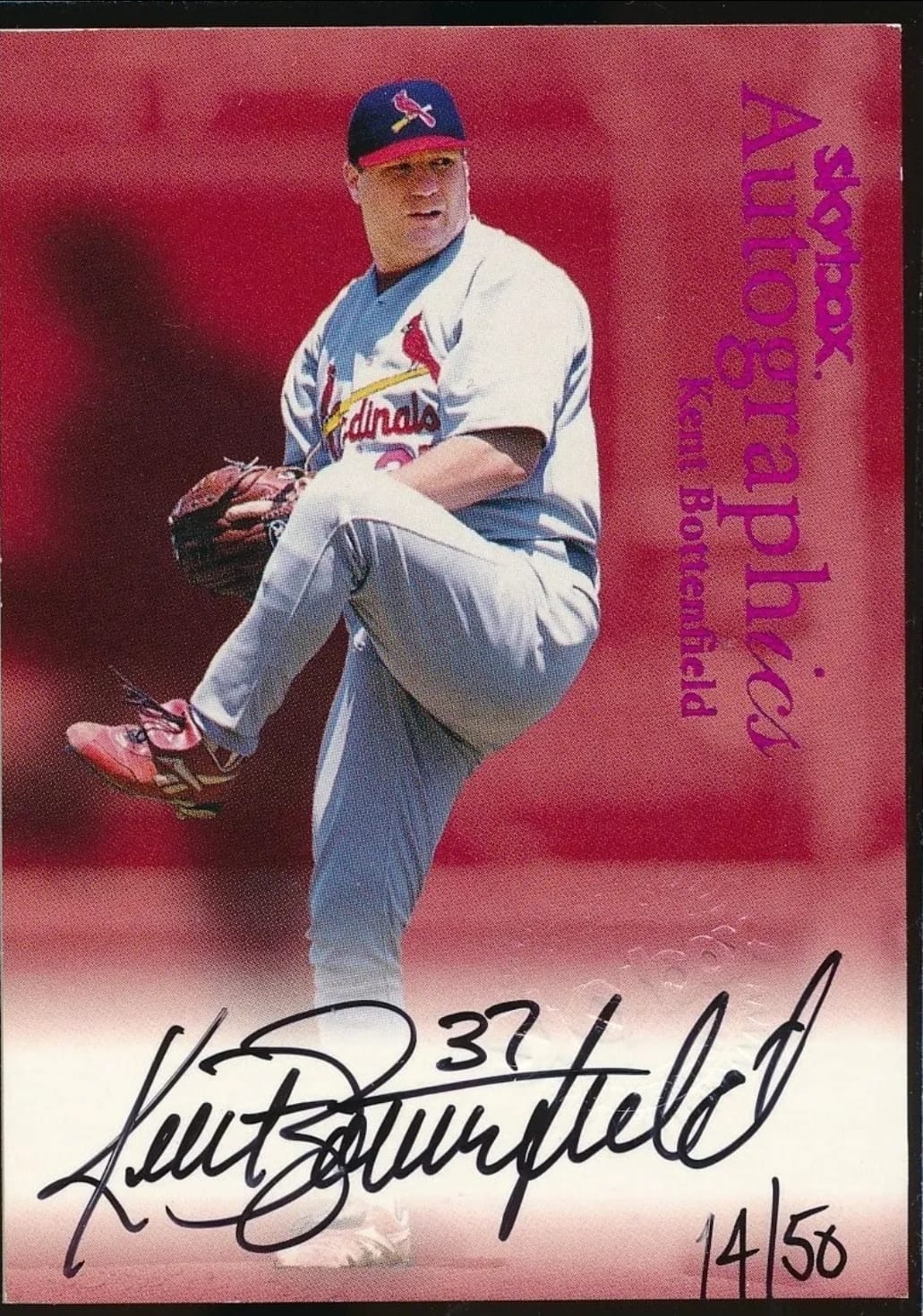 1999 Skybox Autographics card Kent Bottenfield /50 On card autograph player worn