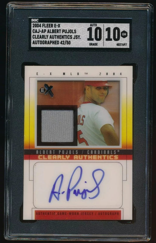 2004-05 Fleer E-X MLB Game worn No. CAJ-AP Albert Pujols Clearly Authentics JSY. On card autograph SGC /50