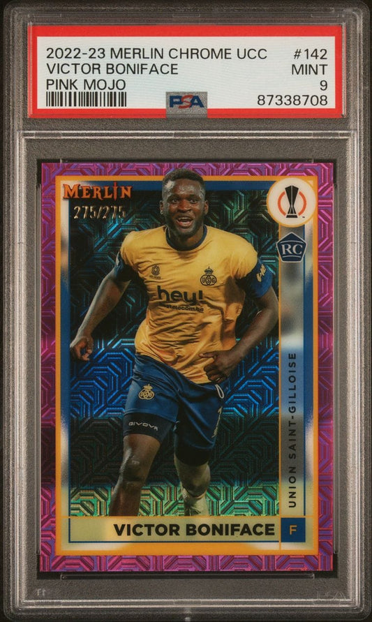 2022-23 Topps Merlin Chrome Rookie UCC #142 Victor Boniface Pink Mojo /275 PSA 9