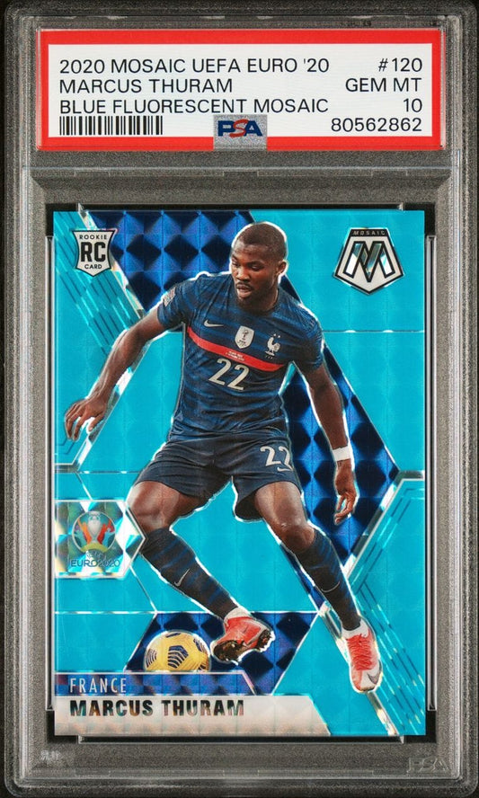 2020-21 Panini Prizm Rookie Mosaic UEFA EURO #120 Marcus Thuram Blue Fluorescent Mosaic PSA 10