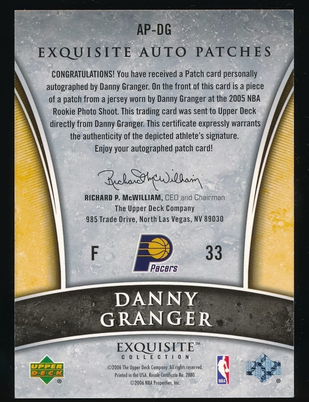 2006-07 Exquisite Auto Patches No. AP-DG Danny Granger Exquisite Collection UD 33 /100