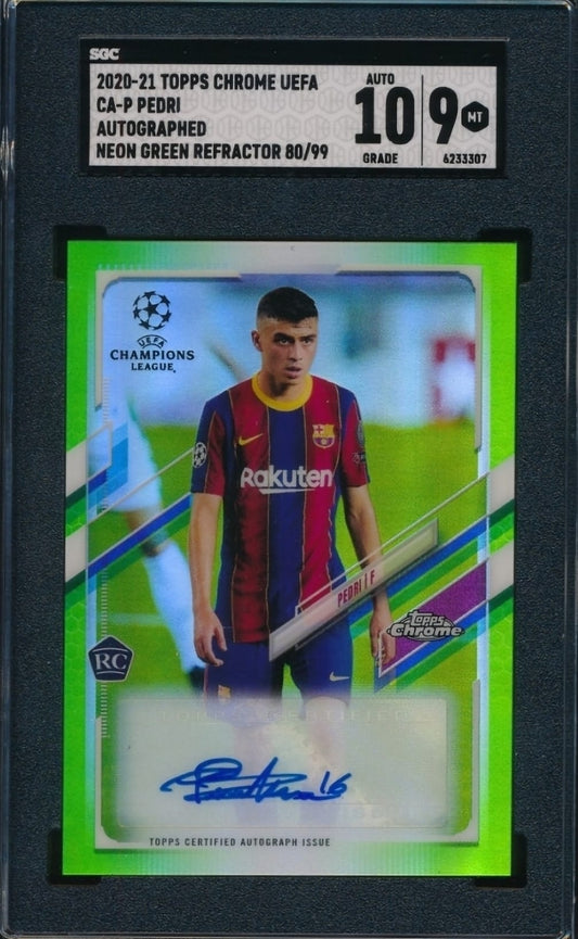 2020-21 Topps Chrome UEFA Rookie No.CA-P Pedri Autographs Neon Green Refractor SGC 9 /99