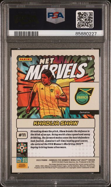 2023 Donruss FIFA Women's World Cup Net Marvels Gold Khadija Shaw /5 #13 PSA 8