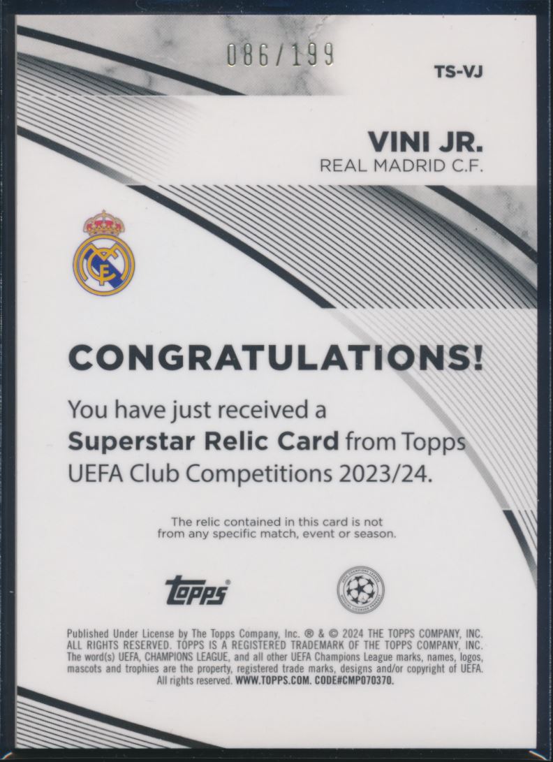 2023-24 Topps UEFA Competitions VINI JR Match Worn Patch Green /199 Brazil TS-VJ