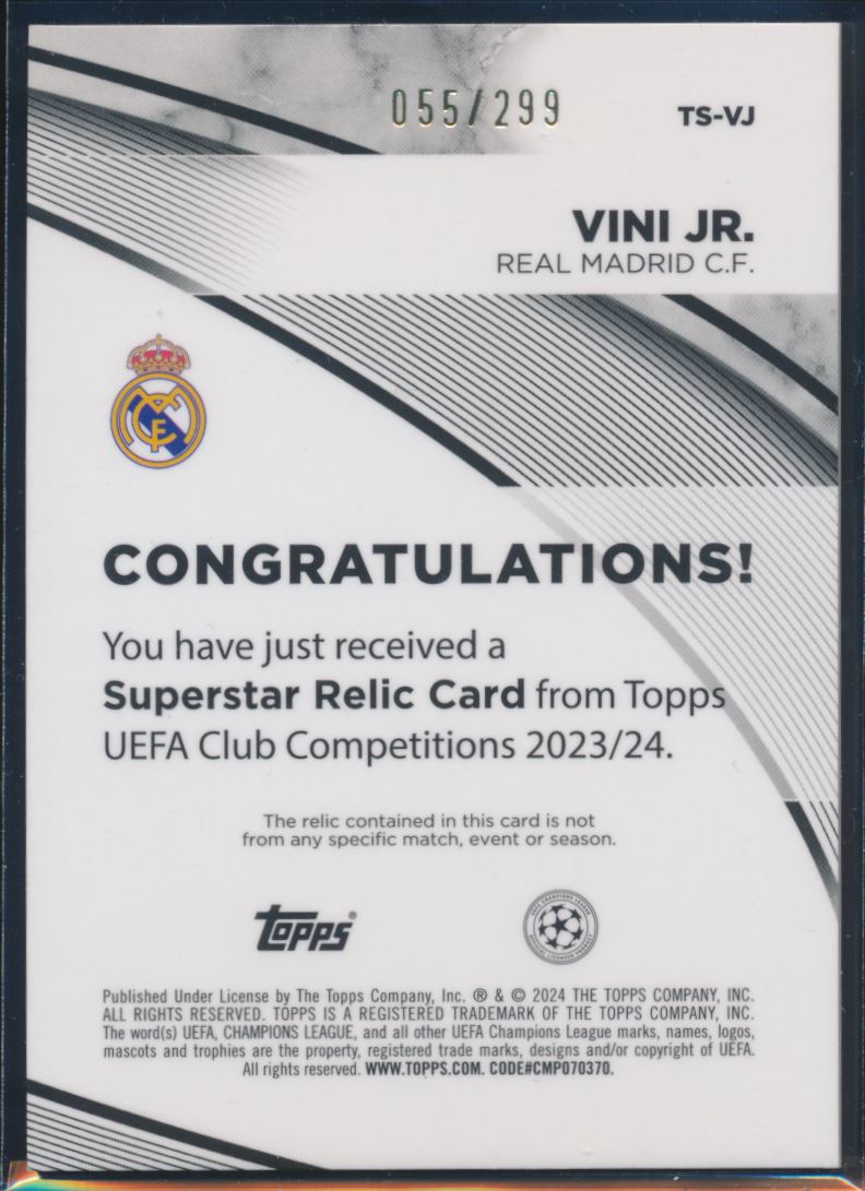 2023-24 Topps UEFA Competitions VINI JR Match Worn Patch Purple /299 Brazil TS-VJ