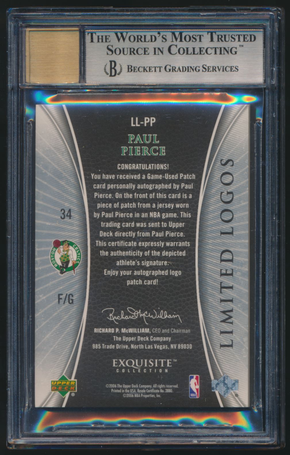 2005-06 Exquisite Collection #LLPP Paul Pierce Autographs Beckett 9/9 Exquisite Collection 05/50