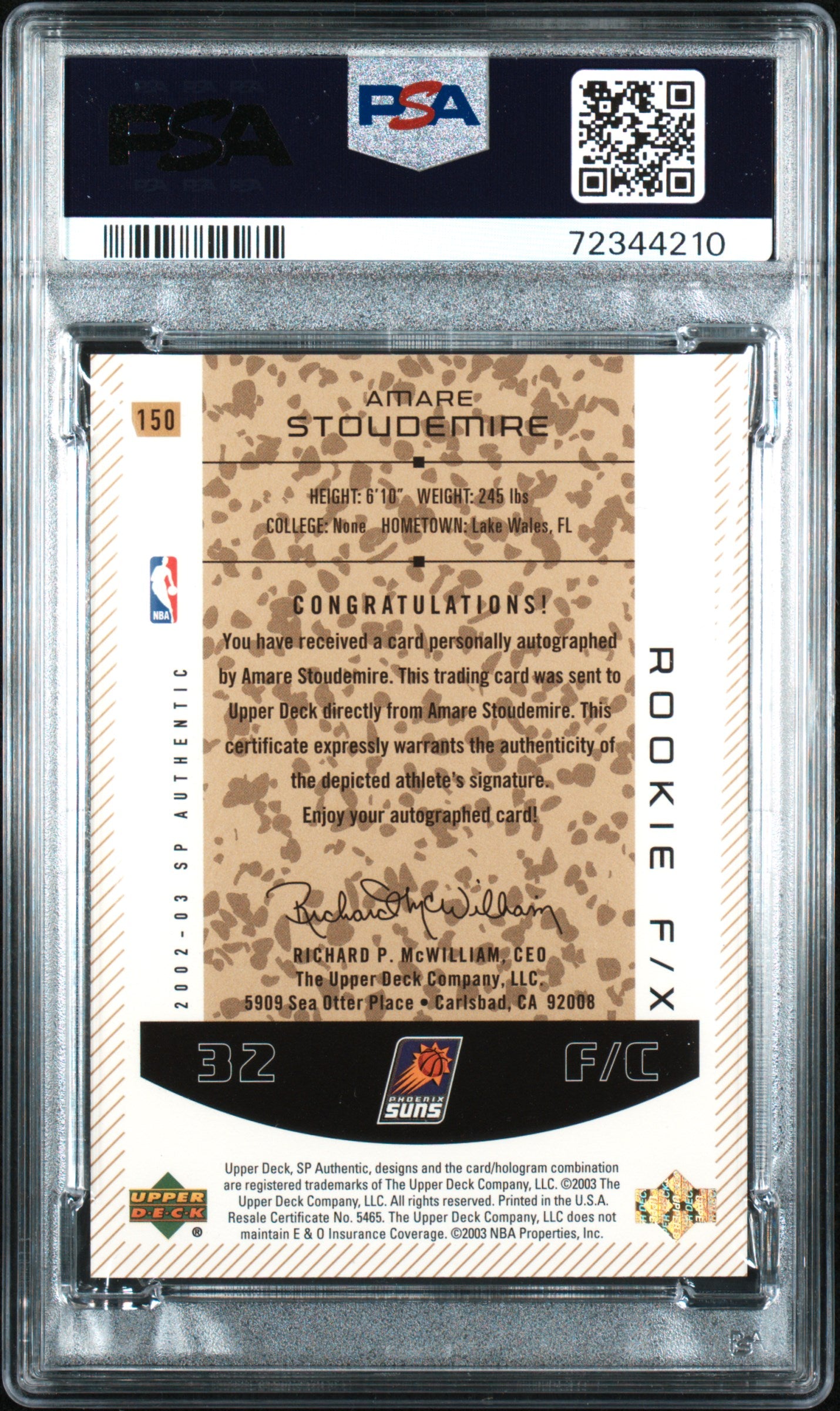 2002-03 SP AUTHENTIC AMARE STOUDEMIRE RC AUTO AUTOGRAPH #150 ROOKIE PSA 9 /50