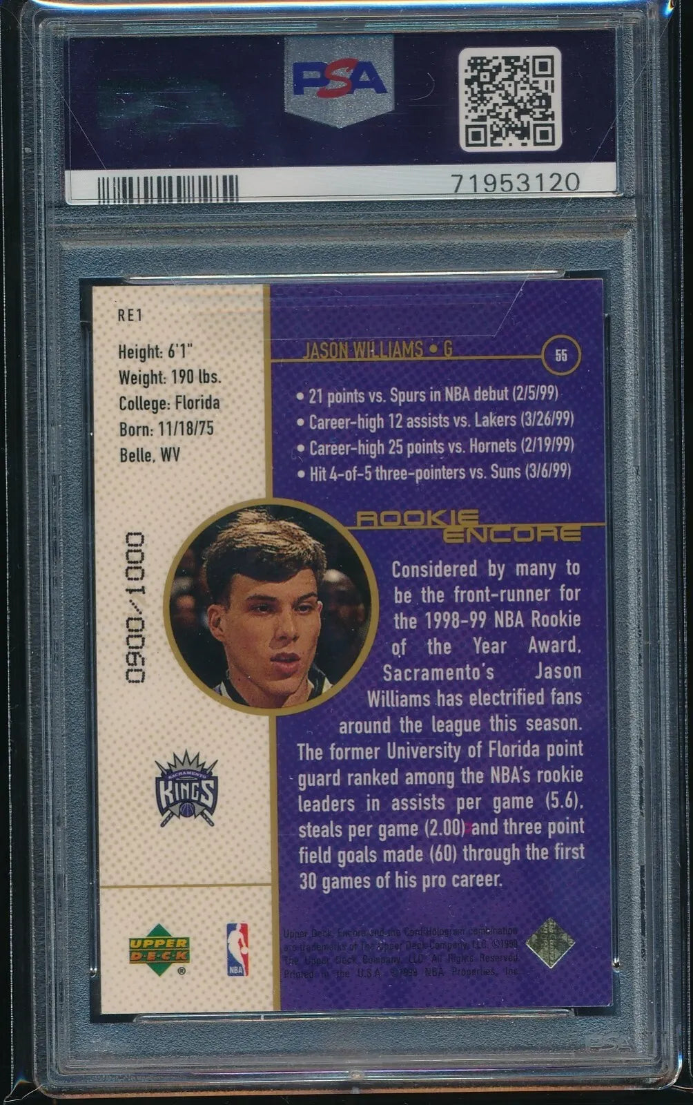 1998-99 UD Encore Jason williams Gold F/X Rookie RC #0900/1000 PSA 9 MINT #RE1