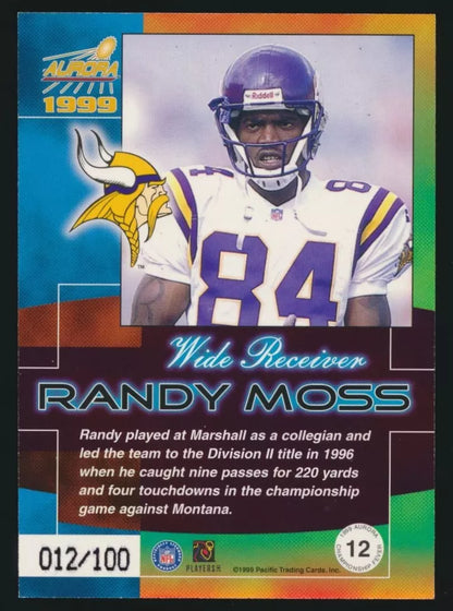 1999 Pacific Aurora Platinum Blue Serial Number 012/100 Randy Moss #12 HOF Vikings