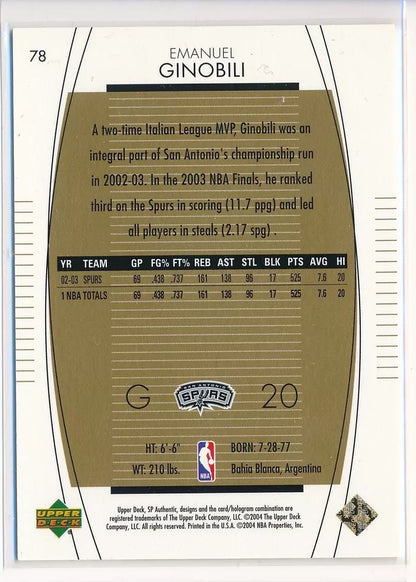 2003-2004 SP Authentic Manu Ginobili Emanuel Ginobili #78 HOF /100 Spurs