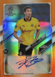 Jude Bellingham 2020-21 Topps Chrome UEFA Champions League #68 Chrome autograph, Orange refractor rookie card